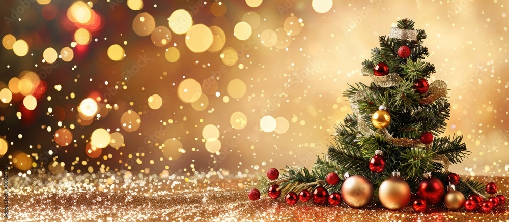 Aufkleber Christmas card featuring fir tree and decorations on a sparkling backdrop with ample copy space image.