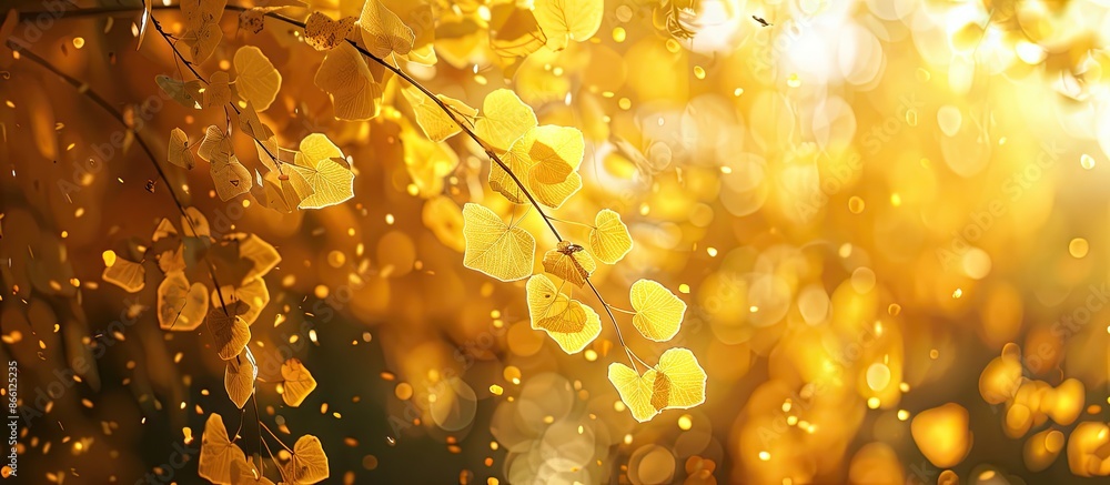 Poster beautiful fall scenery with a backdrop of golden apricot leaves, perfect for a copy space image.