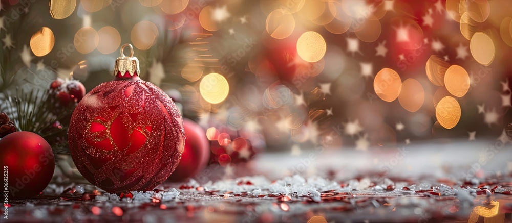 Aufkleber close-up view of christmas toys with a background featuring christmas ornaments; detailed with copy 