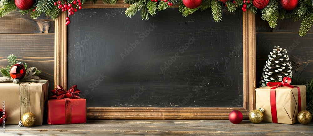 Poster decorated for christmas, the blackboard is empty, adorned with baubles and gift boxes, creating a fe