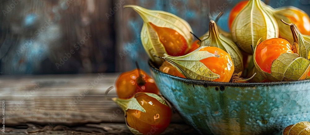 Poster close-up of physalis fruits with their calyxes in a bowl on a wooden table, creating a copy space im