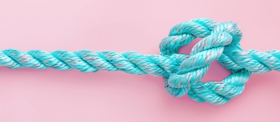 Copy space image of a knotted aquamarine rope on a soft pink background, ideal for design tasks and accommodating text.