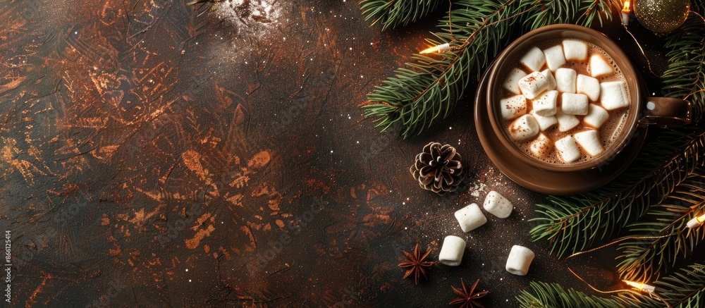 Poster festive christmas background featuring a cup of hot cocoa or chocolate with marshmallows, alongside 