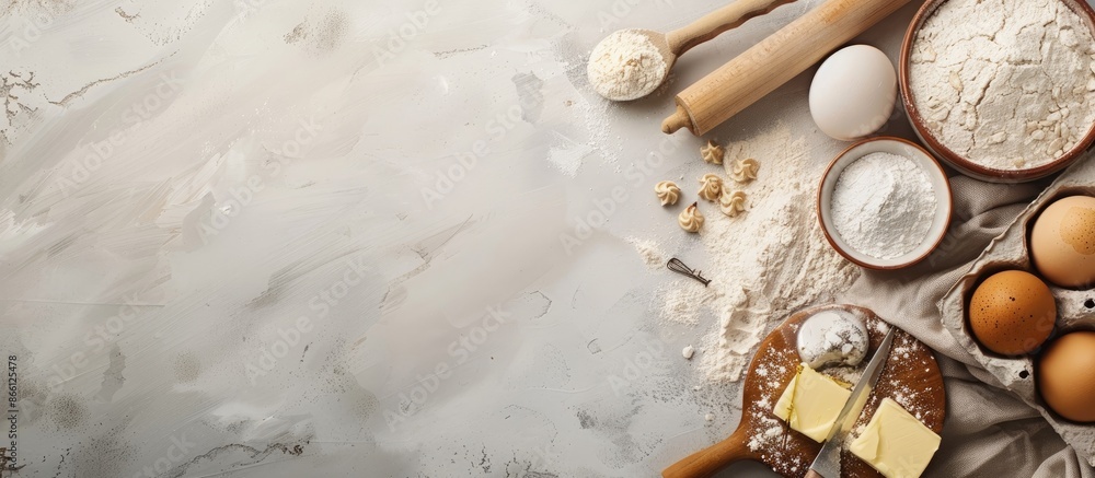 Poster flat lay image featuring baking essentials like flour, eggs, butter, salt, and kitchen tools like a 