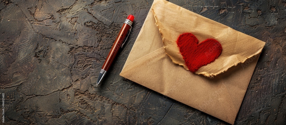 Aufkleber Envelope with a heart-designed letter and a ballpoint pen placed on a table with copy space image.