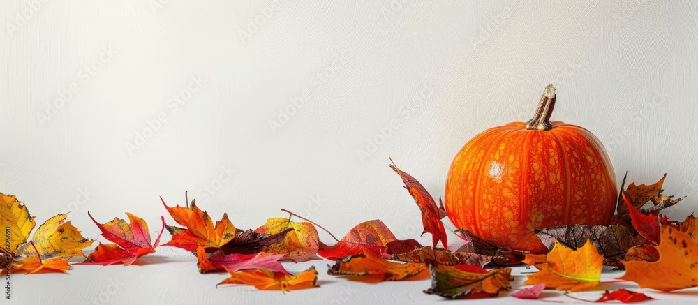 Poster Fall-themed image with a round ceramic pumpkin, colorful leaves on a table, against a white background for use as a mock-up with copy space.