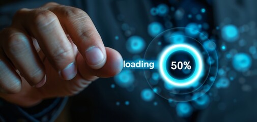 Hand interacting with digital interface displaying  loading progress, symbolizing technology, progress, and data transfer. Businessman interacting with a blue glowing progress bar showing