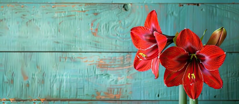 Copy space image featuring a beautiful Amaryllis hippeastrum against a turquoise wooden backdrop.