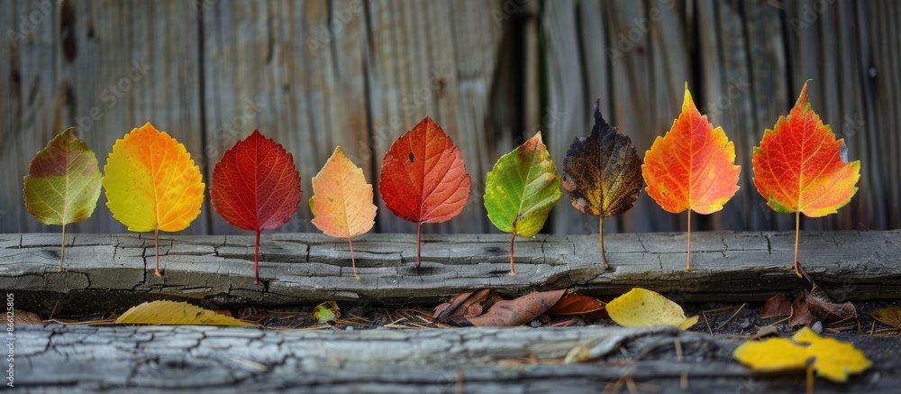 Poster Close-up of autumn leaves arranged in a row on a wooden surface with a background that offers space for additional images to be placed.