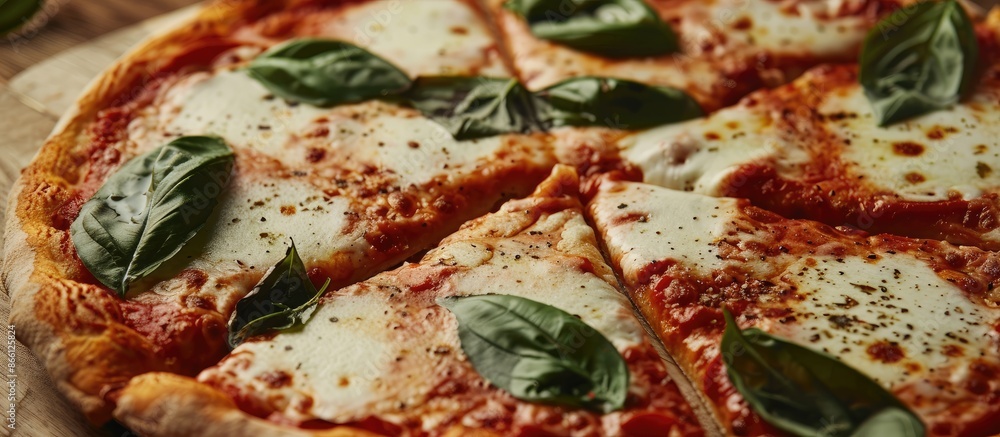 Poster Close-up of a Pizza Margherita with a missing slice, displaying copy space image.