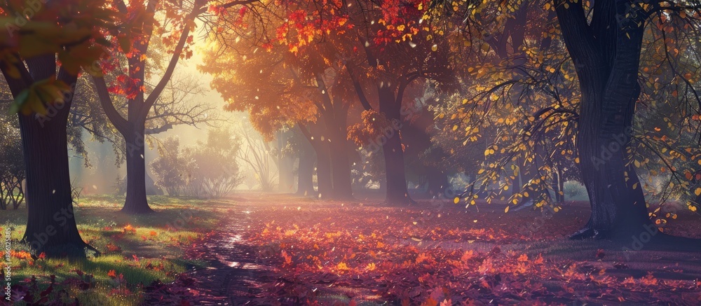 Poster An enchanting autumn park with colorful leaves in the soft glow of the evening sunset awaits in this captivating copy space image.