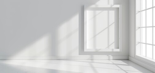 Obraz premium Sunlight streaming through windows in empty white room, creating shadows on the floor. Bright and minimalistic interior with large windows.