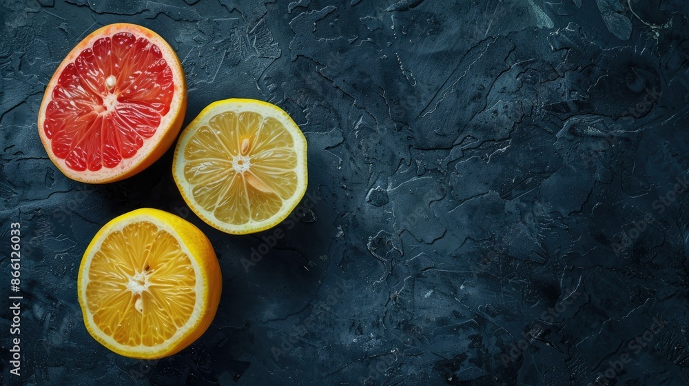 Poster dynamic shot of freshly cut lemon and grapefruit halves, placed on a dark textured background