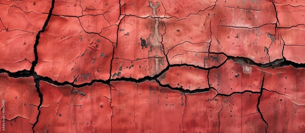Poster Background with copy space image of a cracked red cement wall displaying its unique texture and pattern.