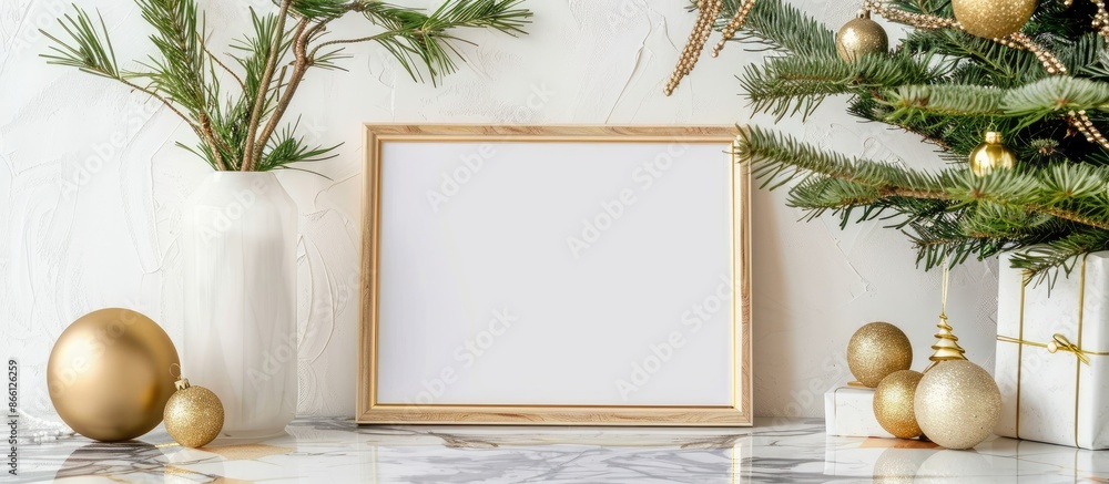 Aufkleber Festive indoor setting featuring a mockup frame surrounded by Christmas tree branches in a vase and golden ornaments against a white wall and marble table backdrop. Ample copy space image available.