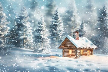 Fototapeta premium A cozy snow-covered cabin, with a softly blurred background of pine trees and a snowy landscape. 