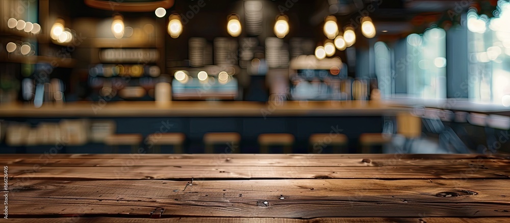 Poster An isolated focus on a vacant brown wooden table with a blurred coffee shop background featuring bokeh, ideal for creating product display with copy space image.
