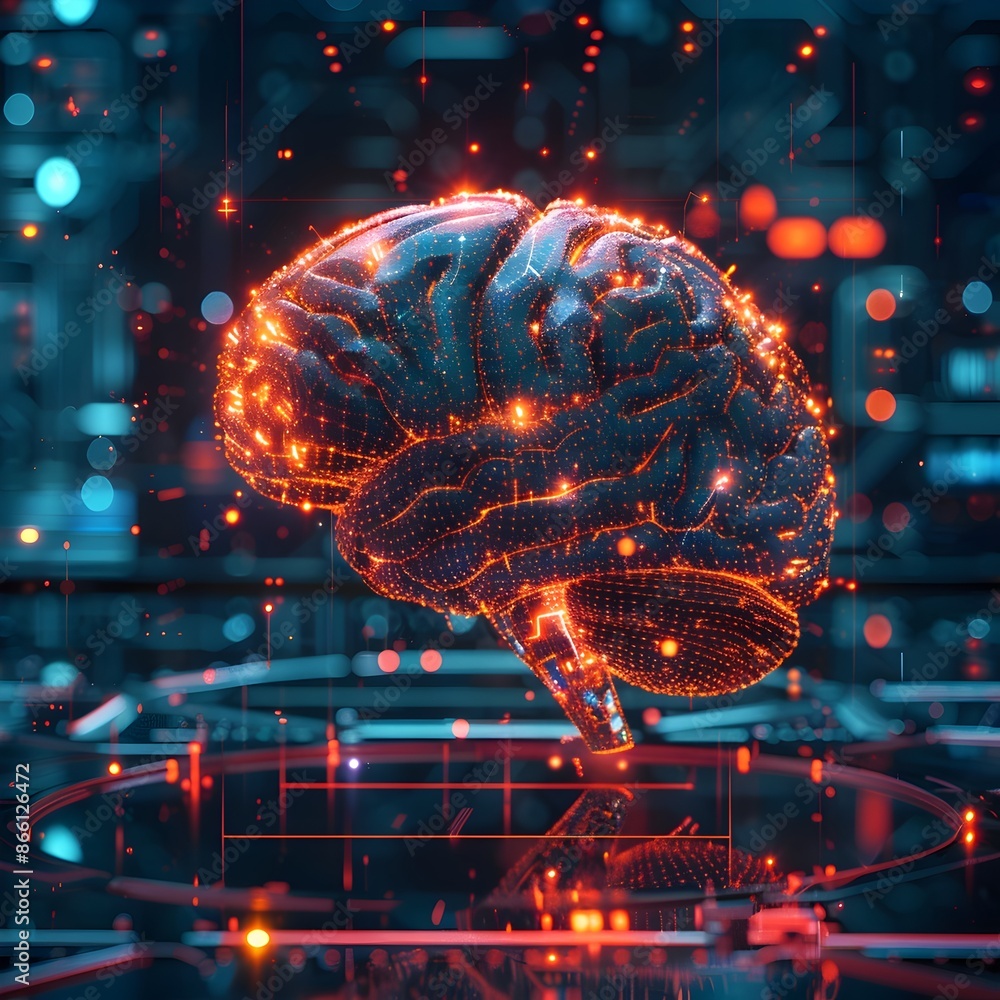 Poster futuristic brain with holographic elements representing advanced technology and concept