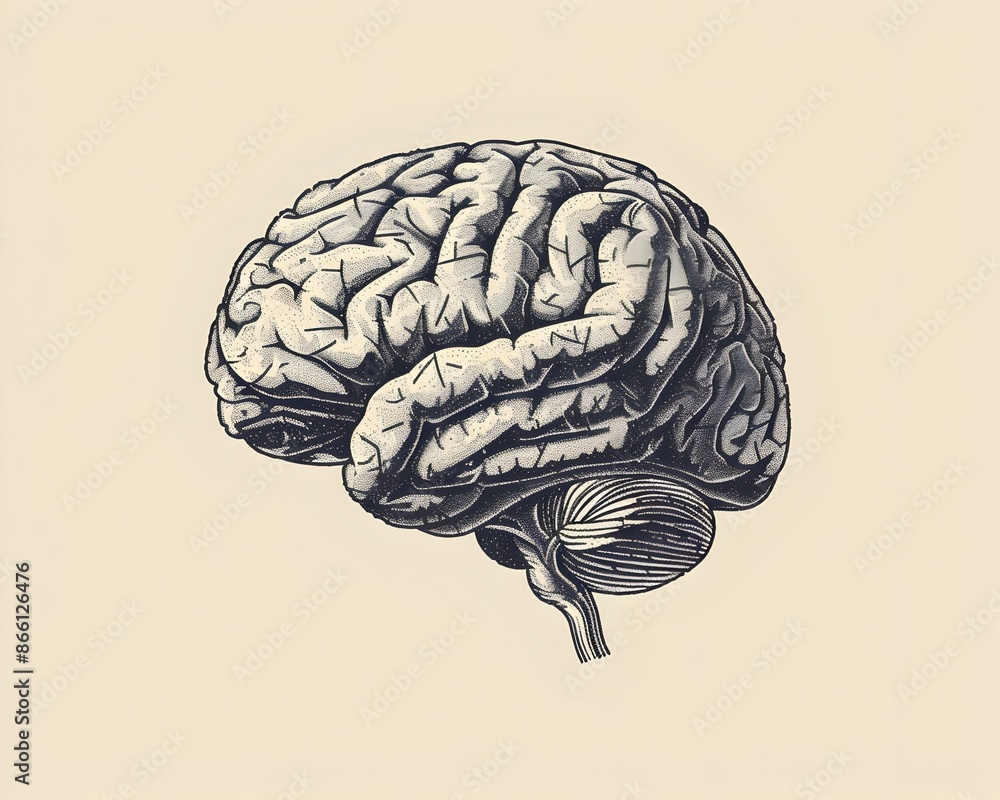 Poster minimalist line drawing of the intricate structure and lobes of the human brain highlighting its cog