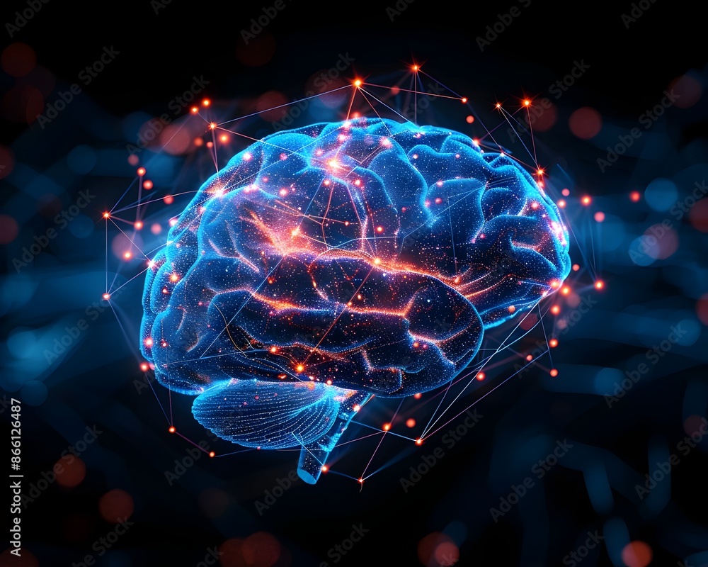 Poster glowing neural network visualizing brain activity and thought processes