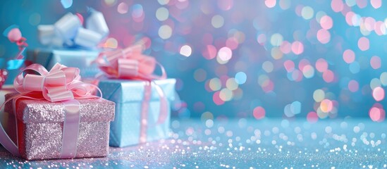 Fototapeta premium Festive Christmas boxes in pink and blue on a sparkling background with room for a copy space image.