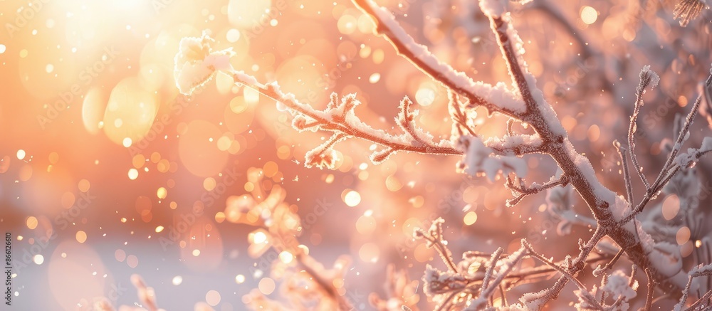 Poster close-up image of snow-covered tree branches during a winter storm at sunset with frost and sunlight