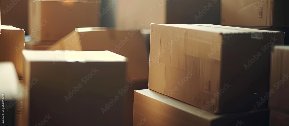 Aufkleber Close-up view of carton boxes in an empty room, with copy space image.