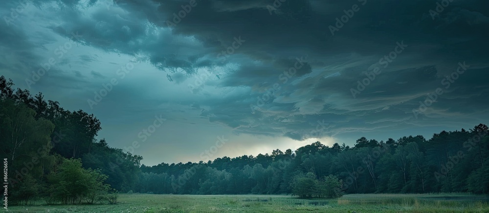 Poster Clouds gathering in the sky above a forest during dusk with an impending rainfall, ideal for a copy space image.