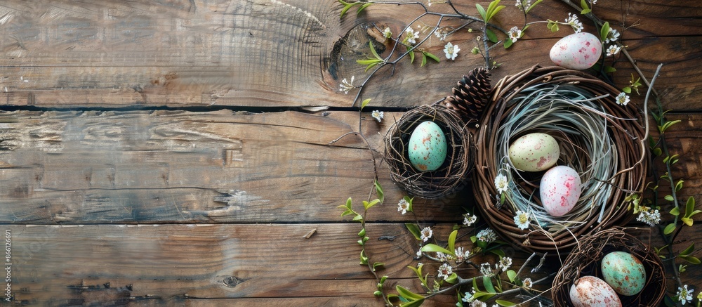 Aufkleber Festive Easter decorations like eggs and a wreath made from vines displayed on a rustic wooden table, providing an attractive background with room for text. image with copy space