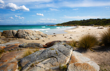 Rocky beach scene in Bay of Fires, Tasmania.