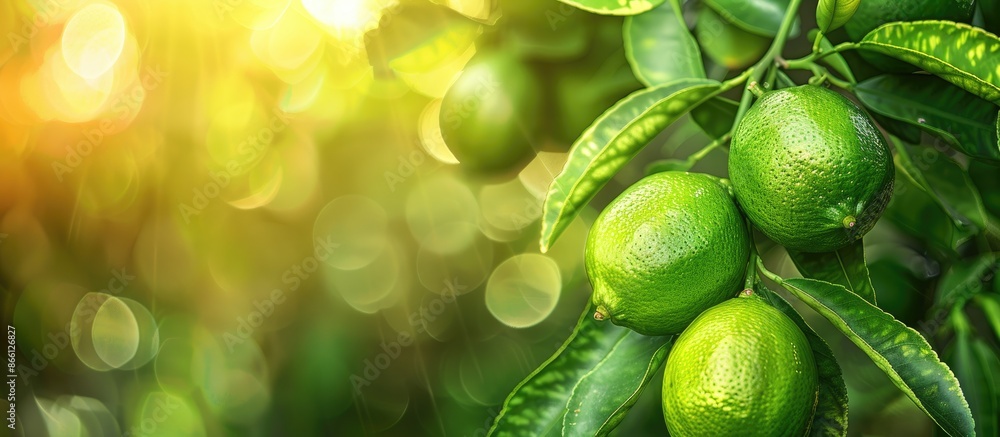 Aufkleber Close-up of ripe limes on a garden tree branch with available copy space image.