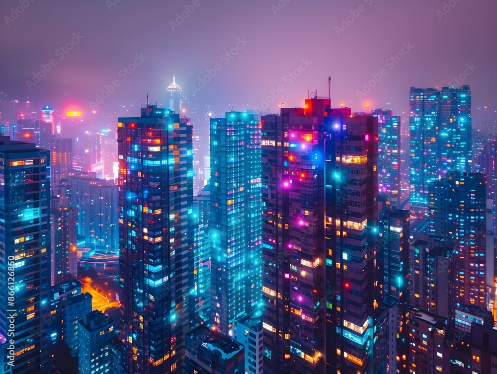 Wall mural Vibrant and Dynamic Cityscape at Night with Colorful LED Lit Skyscrapers Reaching for the Sky - Wall murals