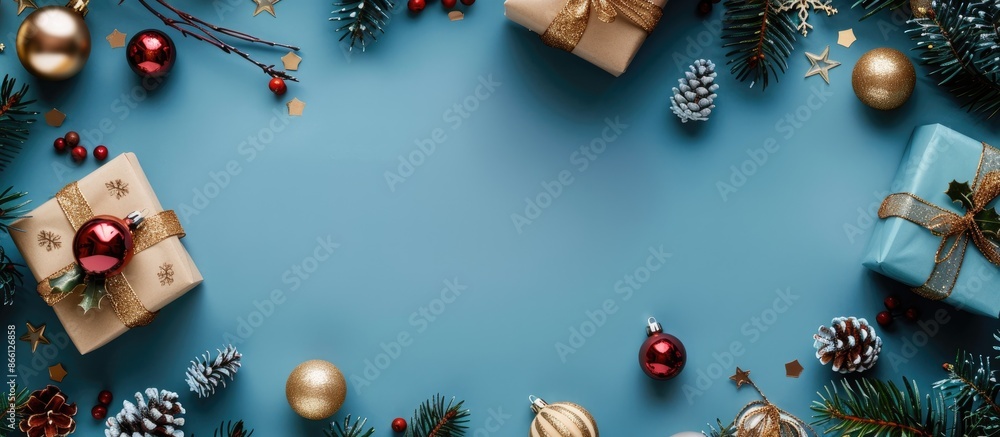Poster festive holiday elements like gift boxes, ornaments, and fir tree branches arranged on a blue backdr