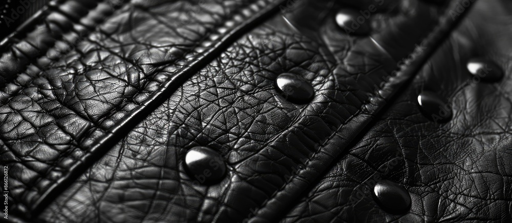 Poster Close-up of black jacket rivets in leather texture background with copy space image.
