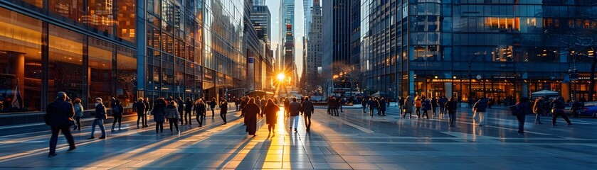 Bustling City Plaza with Tall Buildings Casting Long Shadows at Sunset