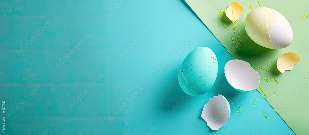 Poster easter-themed with white and yellow eggshells and a whole blue egg against a blue and green backdrop