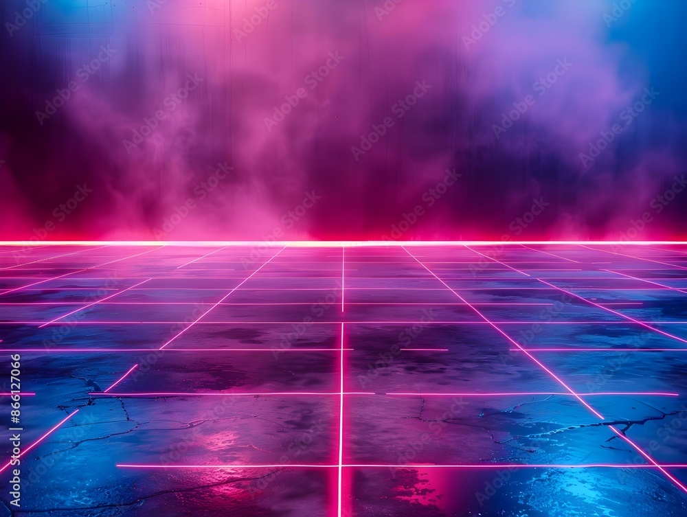Poster futuristic neon gradient background with glowing tech grid for product display and showcase
