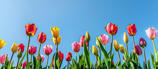 Beautiful vibrant tulip flowers in full bloom under a clear blue sky, creating a visually stunning scene with copy space image.