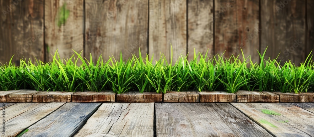 Poster abstract spring background with green grass and wooden planks offering copy space image.