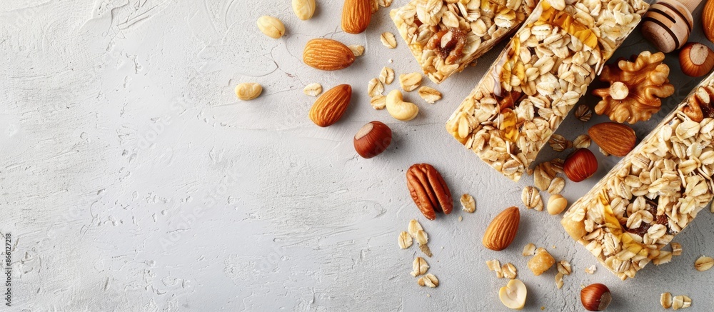 Poster Cereal bars with nuts, muesli, and honey, with a blank space for your own image. image with copy space