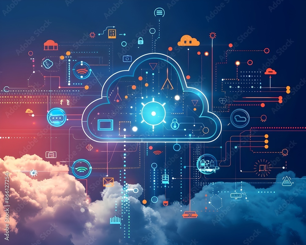 Poster detailed cloud computing infographic with informative icons and statistics