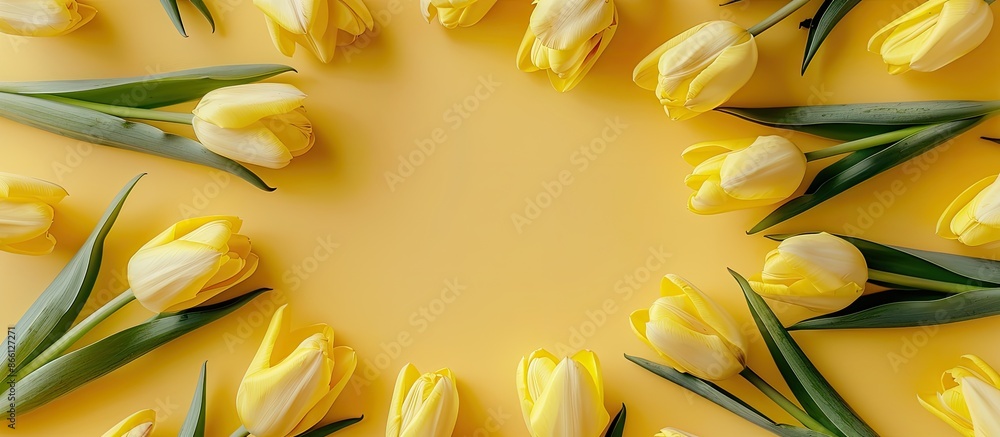 Poster Circular arrangement of yellow tulips with buds from an overhead view on a yellow background, creating a visually appealing copy space image.