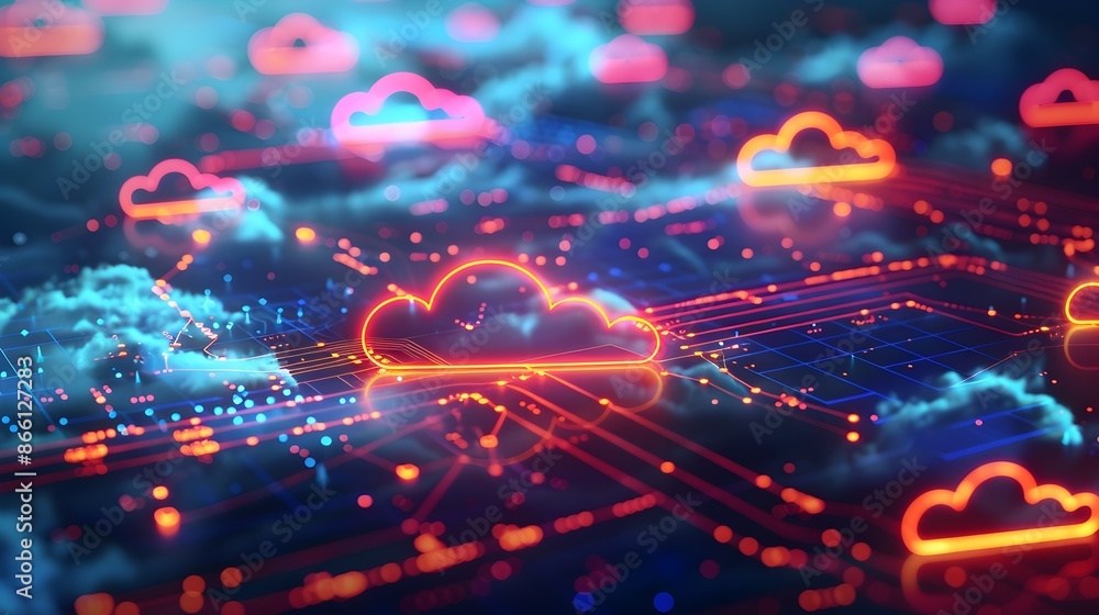 Poster vibrant multi cloud computing environment showcasing interconnected cloud provider diversity