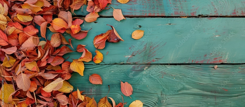 Poster fall-colored dried leaves piled up on a green wooden surface with a blank area for text or images, c