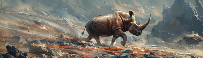 Fototapeta premium Majestic rhinoceros walking through a rugged, fiery landscape with dramatic mountains in the background, showcasing raw wilderness and power.