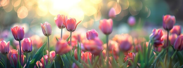 Vibrant field of tulips in full bloom under the soft, warm golden morning sunlight in the background blur. The concept of natural beauty that creates peace and tranquility