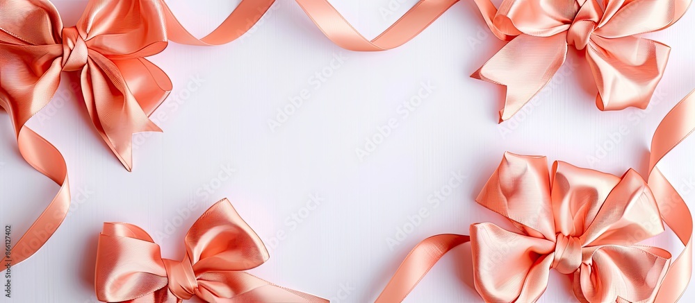 Poster coral-colored silk bows and ribbons in a set for gift wrapping with a white background for copy spac