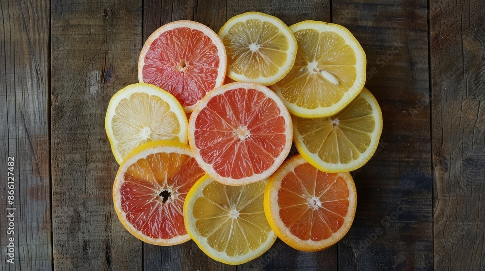 Poster freshly sliced lemon and grapefruit wedges arranged in a circular pattern on a rustic wooden table