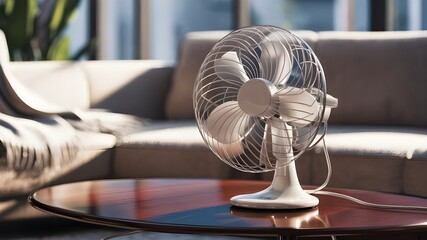 Modern electric fan on table in living room
