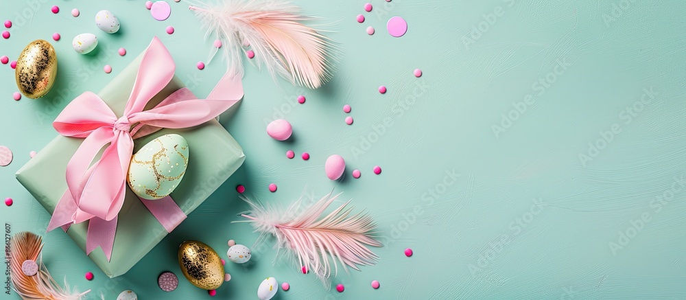 Poster easter-themed egg gift wrapped in green paper with a pink ribbon, accented by colorful feathers, whi